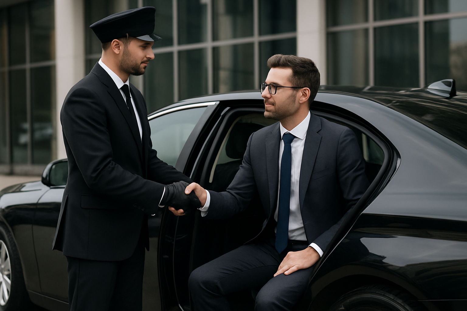 Professional chauffeur assisting client