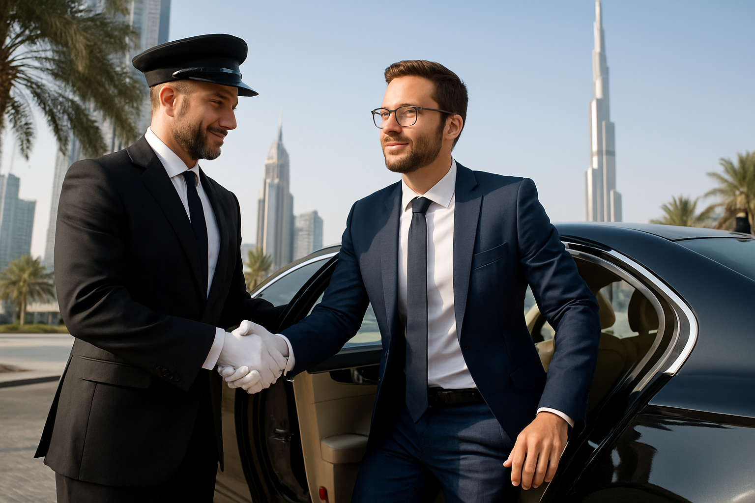 Professional chauffeur assisting a passenger in Dubai